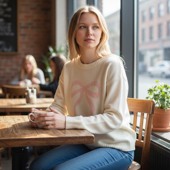 Just Polly White Pink Bow Graphic Crew Neck Knit Sweater Feminine Winter XL - Picture 1 of 6